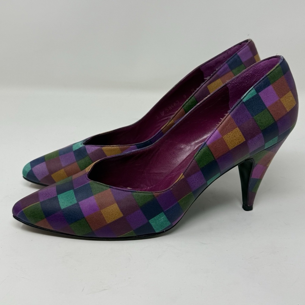 Vintage Stuart Weitzman 80s Bright Multicolor Heels Leather Sz Womens 9 Colorful - Picture 2 of 16